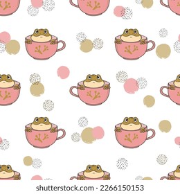 Seamless pattern with cute frogs in cups. Vector illustration with cartoon toads