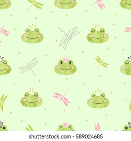 Seamless pattern with cute frogs and dragonflies. Vector background for kids. 