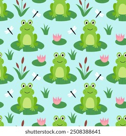 Seamless Pattern with cute frogs, dragonfly, water lily, reed on the lake. Children background. Vector flat illustration. Summer wallpaper.