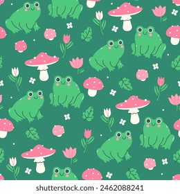 Seamless pattern with cute frogs, flowers, fly agarics. Vector graphics.