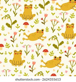 Seamless pattern with cute frogs and flowers. Vector graphics.