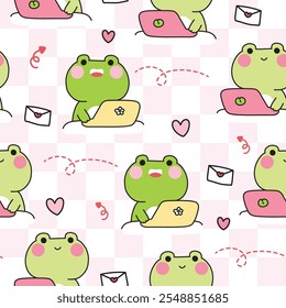 Seamless pattern of cute frogs with laptops send love email background.Work.Social media.Work from home.Flower.Lotus leaf.Reptile animals character cartoon design.Kawaii.Vector.Illustration.