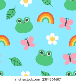 Seamless pattern with cute frogs, leaves, rainbows, flowers, butterflies. Vector graphics.