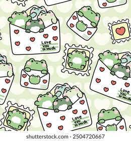 Seamless pattern of cute frogs in paper mail have heart cartoon design.Stamp.Message.Card.Love you so much text.Reptile animal character.Kawaii.Vector.Illustration.