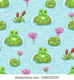 Seamless pattern with cute frogs in the pond with lotus flowers and lilies. Vector illustration.