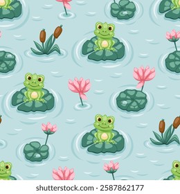 Seamless pattern with cute frogs in the pond with lotus flowers and lilies. Vector illustration.