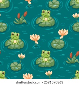 Seamless pattern with cute frogs in the pond with lotus flowers and lilies. Vector illustration.