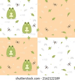 Seamless pattern with cute frogs, set with wild animals, vector dragonfly, leaves, vector frog