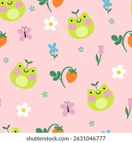 Padrão sem emenda com sapos bonitos, morangos e flores. Gráficos vetoriais.