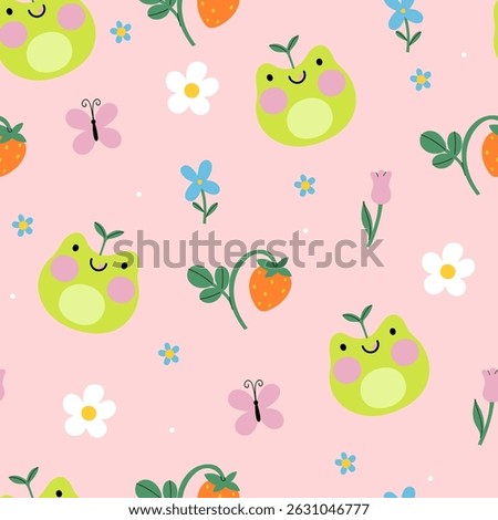 Seamless pattern with cute frogs, strawberries and flowers. Vector graphics.