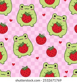 Seamless pattern with cute frogs and strawberry. Hand drawn vector illustration. Doodle cartoon style.