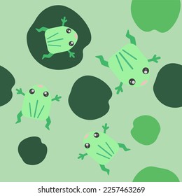 Seamless pattern with cute frogs and tadpoles. Seamless pattern. Little Frog, leaves and lotus flowers, lilies and water lilies.