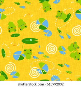 Seamless pattern with cute frogs and tadpoles. Vector background for kids. 