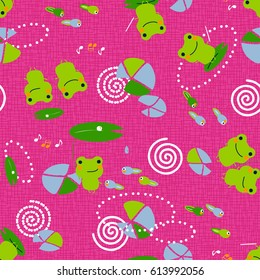 Seamless pattern with cute frogs and tadpoles. Vector background for kids. 