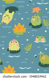 Seamless pattern with cute frogs and water lilies. Vector graphics.