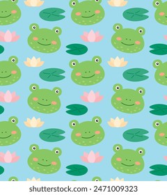 Seamless pattern with cute frogs, water lily flowers and leaves. Vector colorful background with characters and plants.