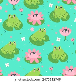 Seamless pattern with cute frogs and water lilies. Vector graphics.