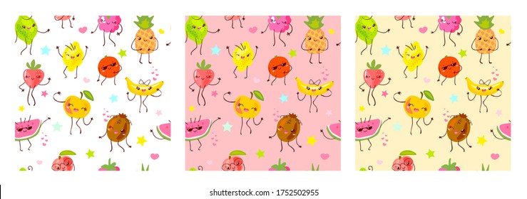 Seamless pattern cute fruit characters. Child style, strawberry, raspberry, watermelon, lemon, banana pastel color background. Kawaii emoji, characters, smile hand drawn vector illustration