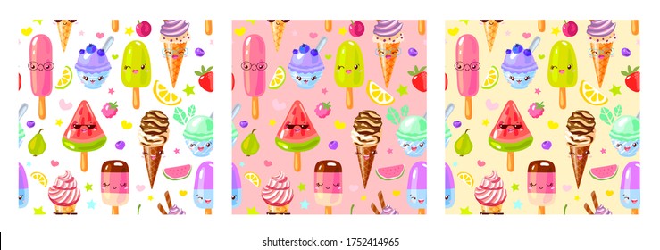Seamless pattern cute fruit ice cream characterst. Child style, strawberry, raspberry, watermelon, lemon, banana pastel color background. Kawaii emoji, characters, smile hand drawn vector illustration
