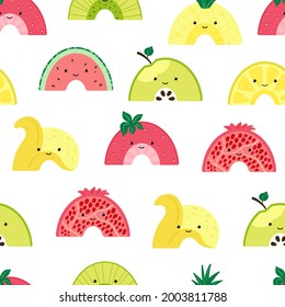 Seamless pattern with cute fruit rainbow. Background with colorful fruits characters. Illustration with slices summer fruits for Wallpaper, fabric, textile, wrapping paper design. Vector