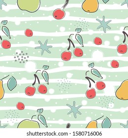 Seamless Pattern with Cute fruits and berries, funny shape. Repeating background for prints. Scandinavian Style. 