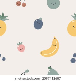 Seamless pattern with cute fruits and berry. Kids background. For card, posters, banners, books, printing on the pack, clothes, fabric, wallpaper, textile or dishes.