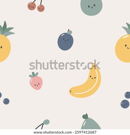 Seamless pattern with cute fruits and berry. Kids background. For card, posters, banners, books, printing on the pack, clothes, fabric, wallpaper, textile or dishes.