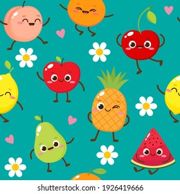Nahtloses Muster mit süßen Früchten. Cartoon-Apfel, Wassermelone, Ananas, Pfirsich, Orange, Birne, Kirsche und Zitronencharakter, Vektorgrafik