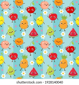 Seamless pattern with cute fruits. Cartoon apple, watermelon, pineapple, peach, orange, pear, cherry and lemon character set vector illustration