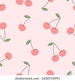 Seamless pattern with cute fruits, cherry on pink background. Vector illustration for printing. Cute baby background
