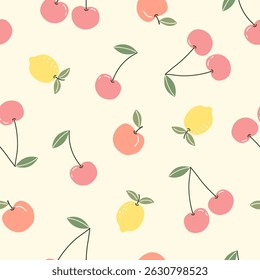 Seamless pattern with cute fruits, cherry, lemon and peach on a yellow background. Vector illustration for printing. Cute baby background