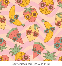 seamless pattern with cute fruits on wave background