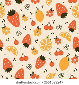Seamless pattern with cute fruits, strawberry, flower, lemon. flat children's background with dessert, food. graphics for print, holidays, wallpaper, banners, surface texture, fabric. vector art 