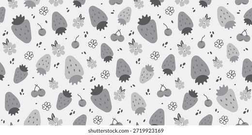 Patrón sin fisuras con frutas lindas, fresa, flor, puntos. fondo plano de los niños con postre, comida. gráficos para imprimir, vacaciones, Fondo de pantalla, Anuncios, textura de la superficie, tela. ilustración de Arte vectorial