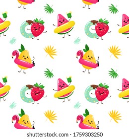 Patrón sin foco con frutos lindos. Frutas tropicales, patrón de verano. Ilustración vectorial en estilo plano de caricatura.