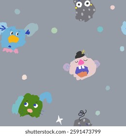 Seamless pattern with cute and fun characters. Vector