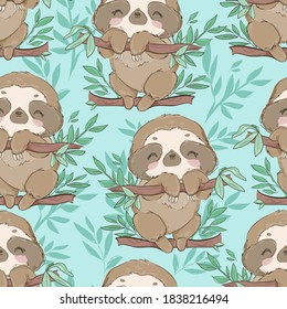 Seamless pattern cute fun sloths on a branch with leaves vector illustration 