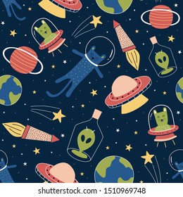 Seamless pattern with cute funny aliens and cat on galaxy with earth, planet, and stars. Background for children, kids, baby fashion apparel textile print vector illustration.
