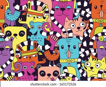 Seamless pattern with cute funny animals