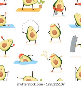 Seamless pattern with cute and funny avocado exercising on white background. Endless repeatable cartoon texture with happy strong fruit during workout. Colored flat vector illustration for printing