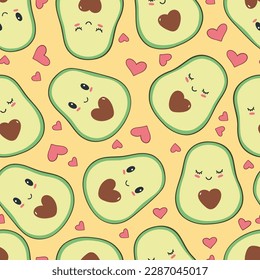 Seamless pattern with cute and funny avocado. Colored flat vector illustration for print.