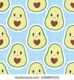 Seamless pattern with cute and funny avocado. Colored flat vector illustration for print.