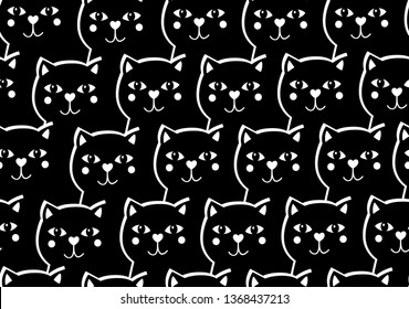 Seamless pattern with cute and funny black cats. Monochrome illustration in doodle trendy style. Vector endless background with fomestic animals.