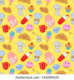 seamless pattern cute funny breakfast food and drinks kawaii style icons isolated on yellow background. illustration vector.  