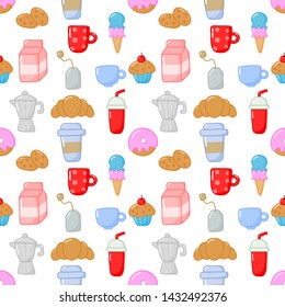 seamless pattern cute funny breakfast food and drinks kawaii style icons isolated on white background. illustration vector.  