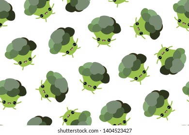 Seamless pattern with cute funny broccoli on white background. Green cauliflower. Botany print Wallpaper. Vegetable collection. Original design. Vector illustration in cartoon style (kawaii).