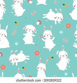Seamless pattern with cute funny bunnies. Rabbit with flowers, mushrooms, footprints. Children's summer ornament for textiles, fabrics, prints. Vector graphics.