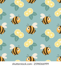 Seamless pattern, cute funny busy bees and lemons with white flowers on a green background. Print, textile, for children, wallpaper, cover.
