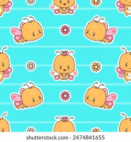 Seamless pattern with cute funny butterfly character on bright blue background with flowers. Vector illustration. Cartoon insect kawaii. Kids collection
