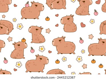 Seamless pattern with cute and funny capybara characters. Cute capybara animal character rodent. Vector illustration. Cute animals cartoon seamless background, texture, backdrop